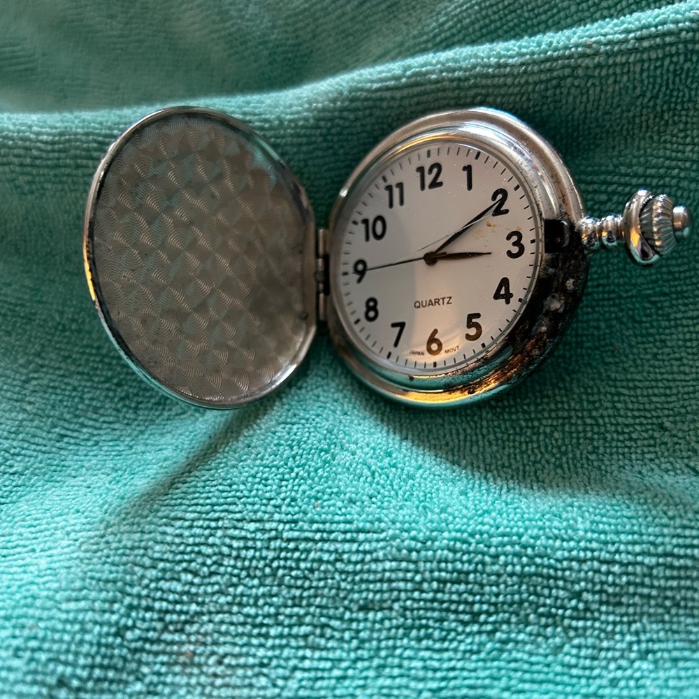 Vintage Stainless Steel Pocket Watch with White Dial, pre owned